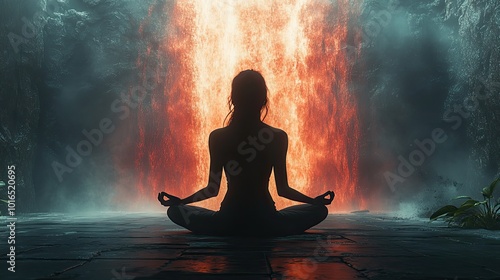 female silhouette in the lotus pose meditating within a surreal environment tranquility mental calm and balance achieved through the practice of mindfulness and meditation.illustration