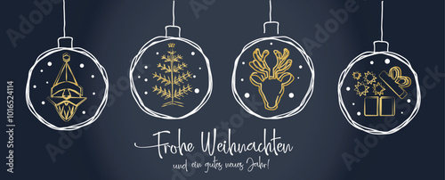 Weihnachtsgrüße mit deutschem Text - Weihnachtskugeln mit dekorativen weihnachtlichen Motiven - Vektor Illustration