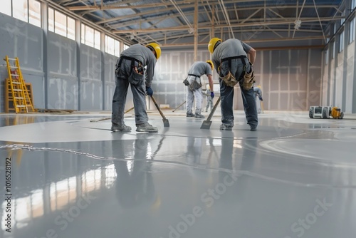 Construction workers apply grey epoxy resin to concrete floor in industrial hall. At work with roller, shovels, drills, hard hats, safety vests. Pro service, renovation, finishing, flooring,