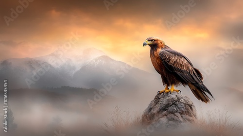 A dramatic portrait of a majestic eagle with its feathers ruffled by the wind, perched on a rocky cliff with a panoramic view of mountains in the background, embodying strength and nobility 