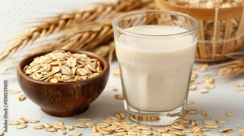 Glass of oat milk with a wooden bowl of oats on a light background. Healthy vegan drink option with natural ingredients.