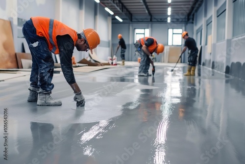 Construction workers on site, painting grey epoxy resin on concrete floor. Man in orange vest, hard hat, painting with brush. Other workers in blue, black hard hats, working in industrial hall.