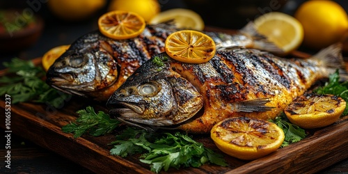 Dos pescados a la parrilla adornados con rodajas de limón y perejil, dispuestos sobre una tabla de madera.