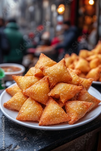 Samosa, pequeñas empanadillas fritas rellenas de vegetales y especias, servidas en un plato en un entorno de comida callejera.