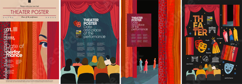 Theater, audience and stage. Vector modern illustration of red theater curtains, actors, mask, spectators, performance, stand up for poster, invitation, flyer or background