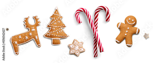 Christmas design element on transparent background with transparent shadow. Isolated Christmas sweet Candy Cane and gingerbread ginger men. Flat lay, top view