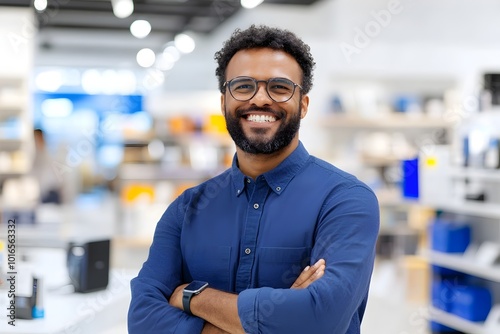 Portrait of a confident and proud consumer electronics industry worker showcasing a feature-rich product in a sophisticated and minimalist showroom setting.