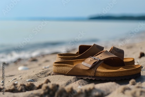 Brown sandals rest on sandy beach with small rocks scattered around. Beach stretches out with vast ocean horizon. Clear blue sky with few clouds. Summer vacation landscape.