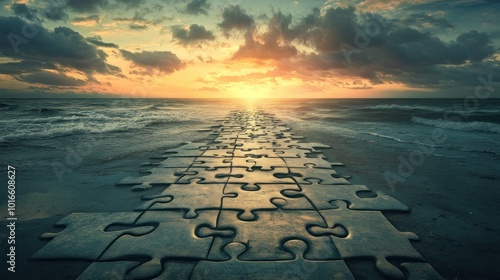 A path made of jigsaw puzzle pieces leads into a bright horizon, symbolizing piecing together a new future.