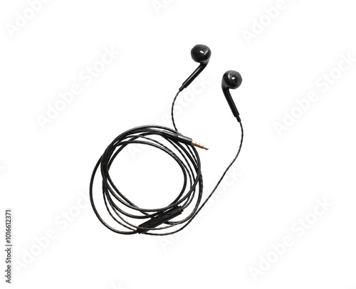 Black wired headphones isolated on white background. Modern gadgets for communication