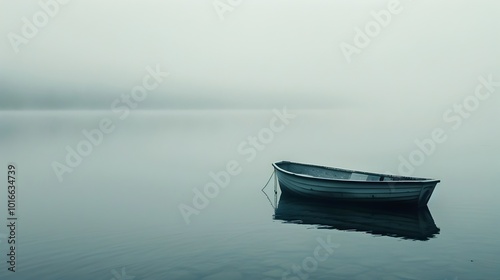 Solitary Boat Adrift on Misty Lakeside Conveying Aimlessness and Despair