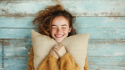 A relaxed woman lies on a wooden floor with her eyes closed, clutching a cozy pillow, depicting ultimate relaxation and contentment in a rustic, tranquil setting.