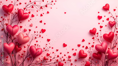 A pink background with red heart-shaped decorations, some on branches, some scattered, creating a romantic Valentine's Day theme