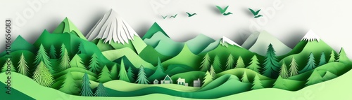 A vibrant paper cutout landscape featuring mountains, trees, and birds, showcasing the beauty of nature in a creative design.