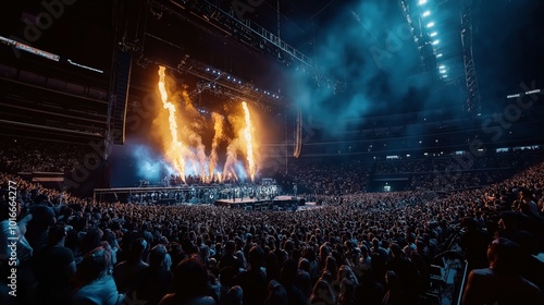 Large crowd at a concert in an arena with stage pyrotechnics, bright lights, and smoke. The audience is standing and watching the performance.