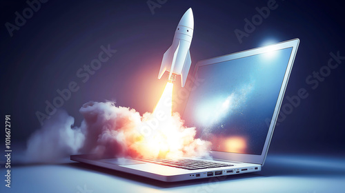 A modern laptop with a rocket launching from its screen, Symbolizing of a startup or new beginnings concept 