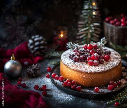 Creative food holiday concept. Sprinkles sugar round pound sponge cake with christmas decoration pine leaf pinecone, candles, holly, berries, glitter balls on dark background. copy text space