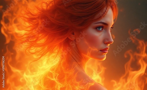 Ethereal woman with fiery aura and flowing auburn hair surrounded by swirling flames