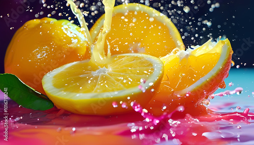 Sliced oranges splashing in a vibrant liquid