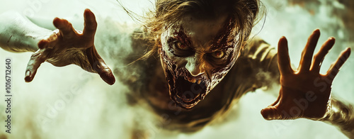 A zombie woman, with a menacing expression, charges towards the camera.