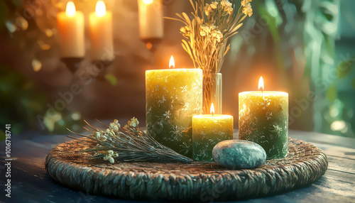 Natural healing altar with candles, sage, and energy stones, 3D illustration