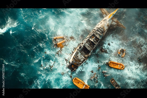 A dramatic aerial view of a shipwreck surrounded by small boats amidst tumultuous waves and splashing water.