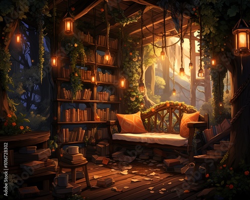 Cozy reading nook in a magical forest, filled with books and soft lighting, providing a serene and inspirational atmosphere for relaxation.