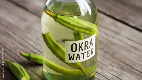 Bottle of okra water with floating pods on wooden surface