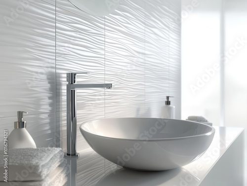 pristine white ceramic tiles in luxurious bathroom setting. sleek, modern design with subtle variations in texture and sheen creating visual interest.