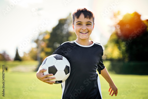 Sport, boy and football on field, trick practice and exercise for competition match. Soccer player, person and playing.