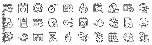 Set of 30 outline icons related to deadline. Linear icon collection. Editable stroke. Vector illustration