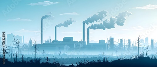 Polluted industrial cityscape with smoke belching factory chimneys and dead decaying trees highlighting the environmental impact of industrialization and climate change