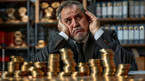 A sad businessman in a suit contemplates stacks of coins at his office desk with a heavy heart