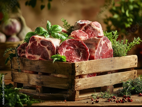 Raw beef steaks in a wooden box with herbs, selective focus