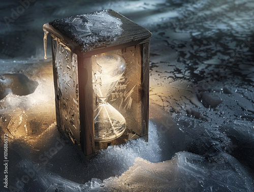 A timeless image of a glass hourglass, its contents frozen in snow, representing the ephemeral nature of time