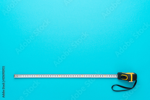 Flat lay image of construction measuring tape. Top view minimalist photo of tape measure on turquoise blue background with copy space.