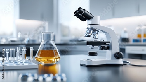 Laboratory workspace featuring a microscope, beaker, and test tubes, ideal for scientific research and educational purposes.