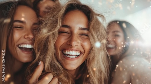 A lively capture of friends joyfully laughing together, enhanced by sparkling lights in the background, depicting happiness, friendship, and celebration.