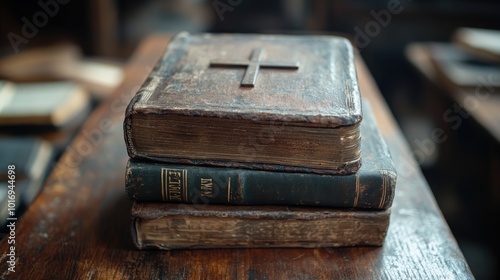 Old, worn out hymnals with a cross sitting on a wooden surface