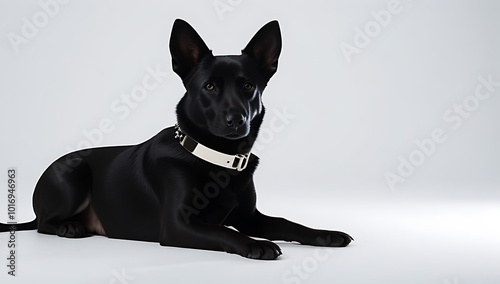 diminutive black canine dons collar shiny dog tag demeanor calm composed sits quietly alone stark white backdrop