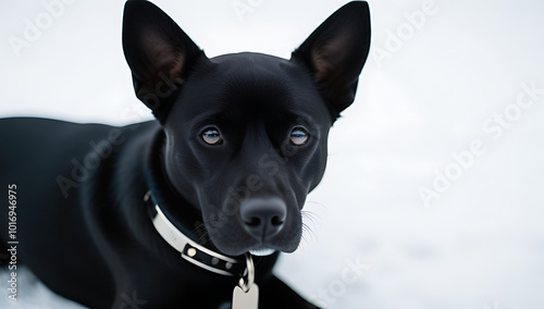 diminutive black canine dons collar shiny dog tag demeanor calm composed sits quietly alone stark white backdrop