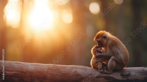 Two monkeys share a tender embrace on a sunlit tree branch, symbolizing the harmony and affectionate bonds that echo across the animal kingdom and human hearts.