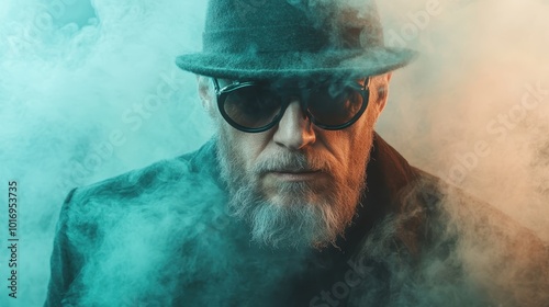 An elderly man wearing a hat and dark glasses stands amidst swirling smoke, creating a mysterious and enigmatic atmosphere that captures intrigue and curiosity.