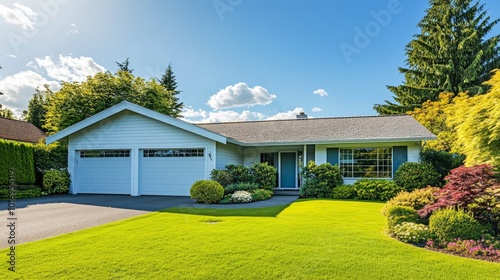 A white, single-story rambler home with a three-car garage, large driveway, and lush backyard landscaping is shown on a summer day with blue skies.