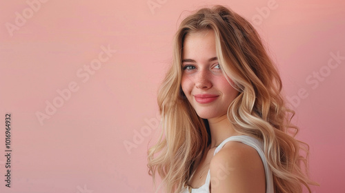 Smiling young woman with blonde long groomed hair isolated on pastel flat background with copy space