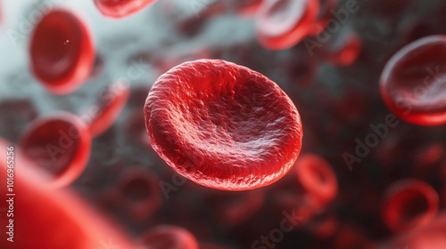 red blood cells in the bloodstream, dynamic movement, detailed close-up of their disc-shaped structure, vibrant and rich red color