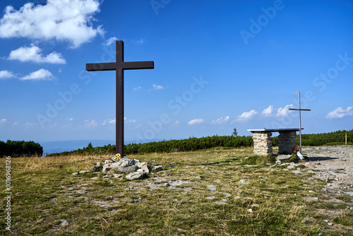 crosses on the grassy peak of Pilsko Mountain in the Beskids