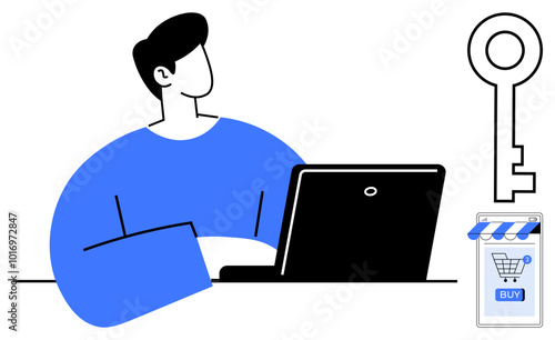 Person sitting at a desk with computer. Large key and small online store icon visible. Ideal for online shopping, e-commerce, security, digital marketing, and technology-related themes. Simplistic