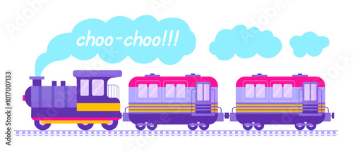 Cartoon toy train. Cute steam train with wagons and clouds hums choo-choo. Vibrant children poster railway. Transportation cute neoteric vector illustration