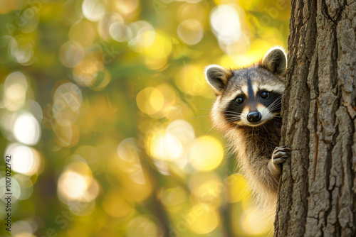 A raccoon is peeking out from behind a tree trunk